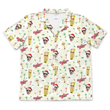 A short-sleeve button-up camp collar shirt with an all-over novelty print featuring a Chihuahua dog, golf clubs and tees, and the word 'Ozemes' in red script on a white background.[ShortSleevePjs_top_IconicLeglamp_Men]