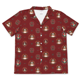 A short-sleeve button-up camp shirt in deep red, featuring an all-over print of Cavalier King Charles Spaniel dog portraits in oval frames with floral details.