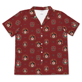 A short-sleeve button-up camp shirt in deep red, featuring an all-over print of Santa Muerte's dog portraits in circular frames with floral and cross accents.