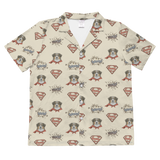 Beige shirt with Superman and dog pattern on a white background