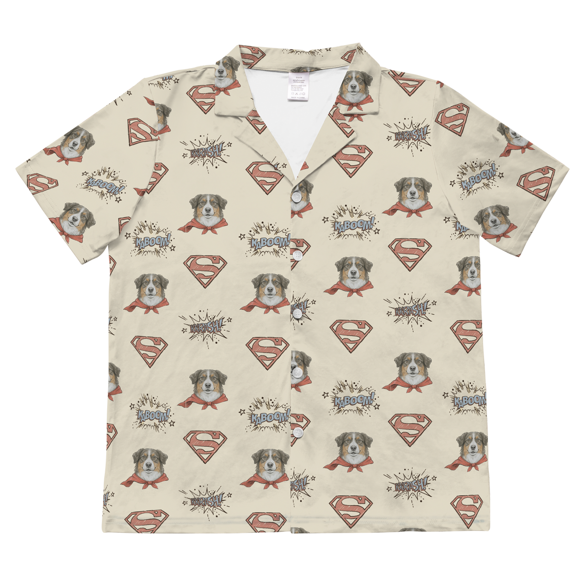 Beige shirt with Superman and dog pattern on a white background