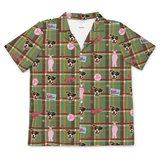 Kids’ short sleeve pajama top in green plaid, featuring custom dog portraits, pink Ralphie bunny suit figures, and A Christmas Story-inspired graphics on a white background.