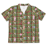 Men’s short sleeve pajama top in green plaid, featuring custom dog portraits, pink Ralphie bunny suit figures, and A Christmas Story-inspired graphics on a white background.