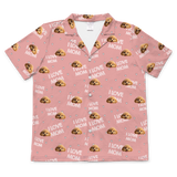 These are cartoon pajama shirt in a pink color with repeating pet faces on them[ShortSleevePajamaShirt]