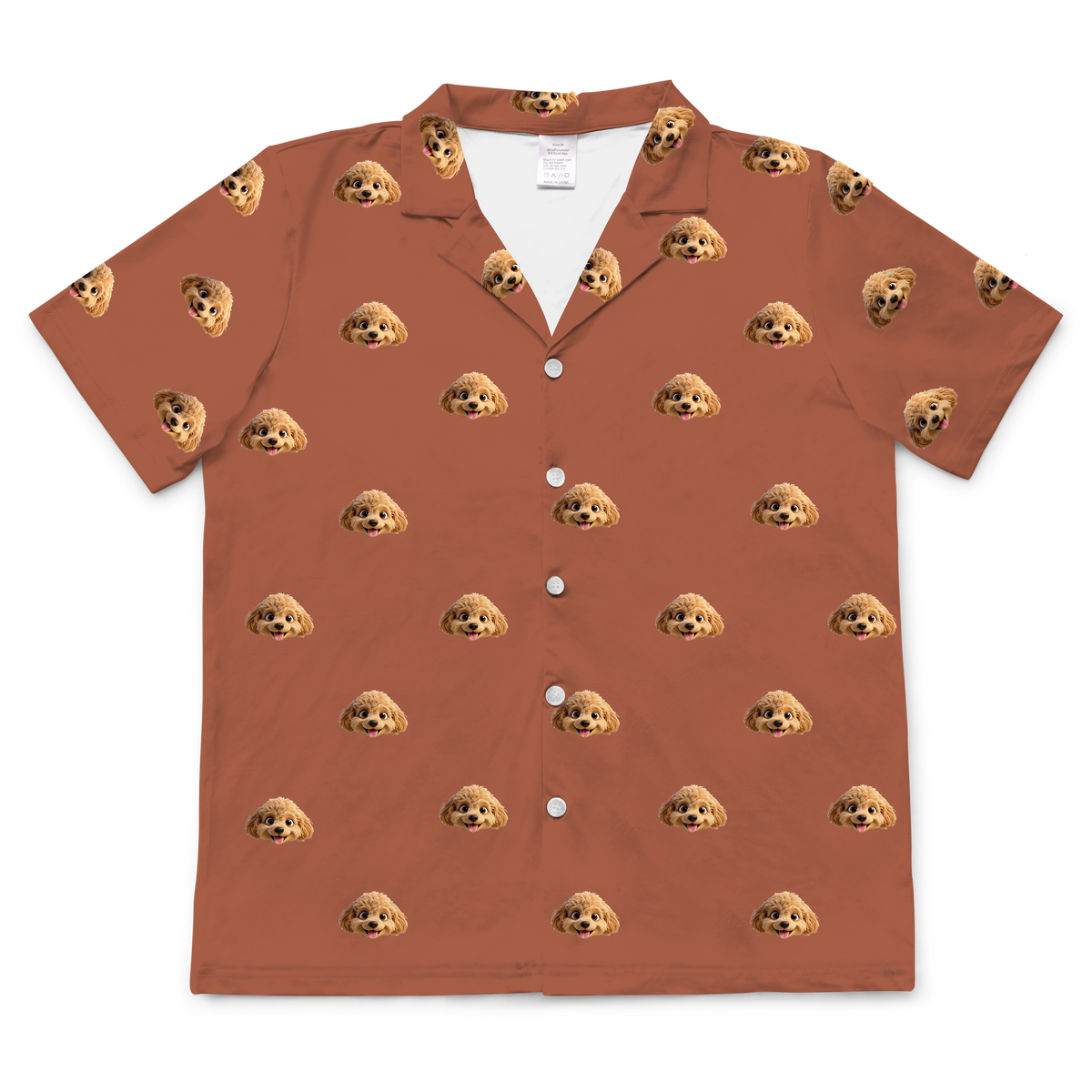 These are cartoon pajama shirt in a brown color with repeating pet faces on them[ShortSleevePajamaShirt]