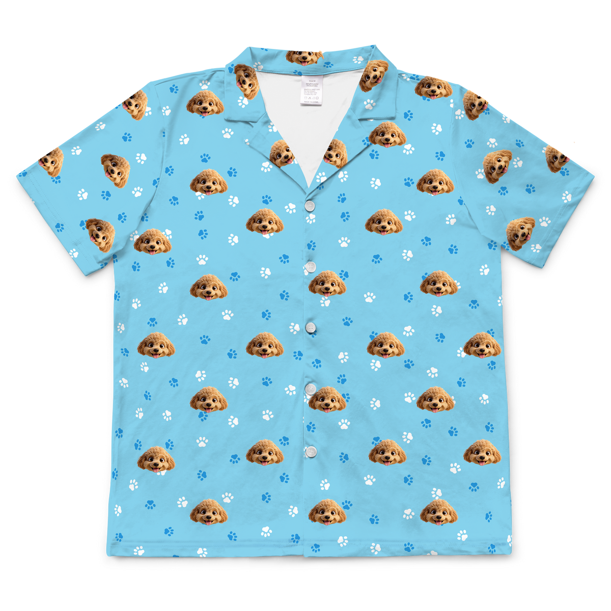 These are cartoon pajama shirt in a light blue color with repeating pet faces on them[ShortSleevePajamaShirt]