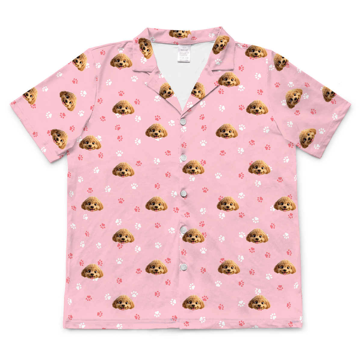 These are cartoon pajama shirt in a pink color with repeating pet faces on them[ShortSleevePajamaShirt]
