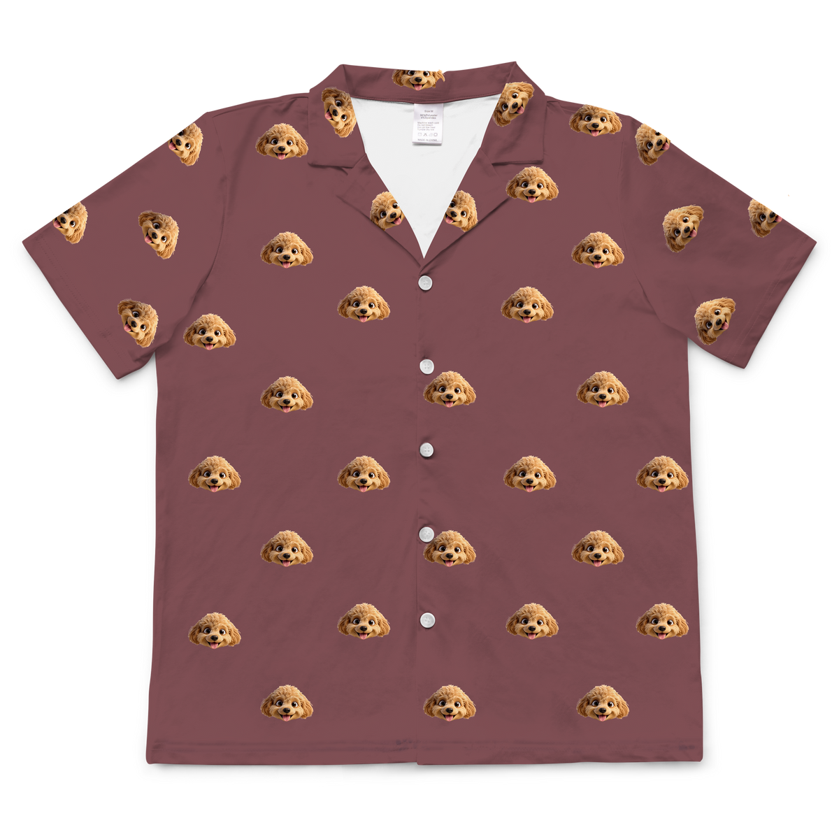These are cartoon pajama shirt in a maroon color with repeating pet faces on them[ShortSleevePajamaShirt]