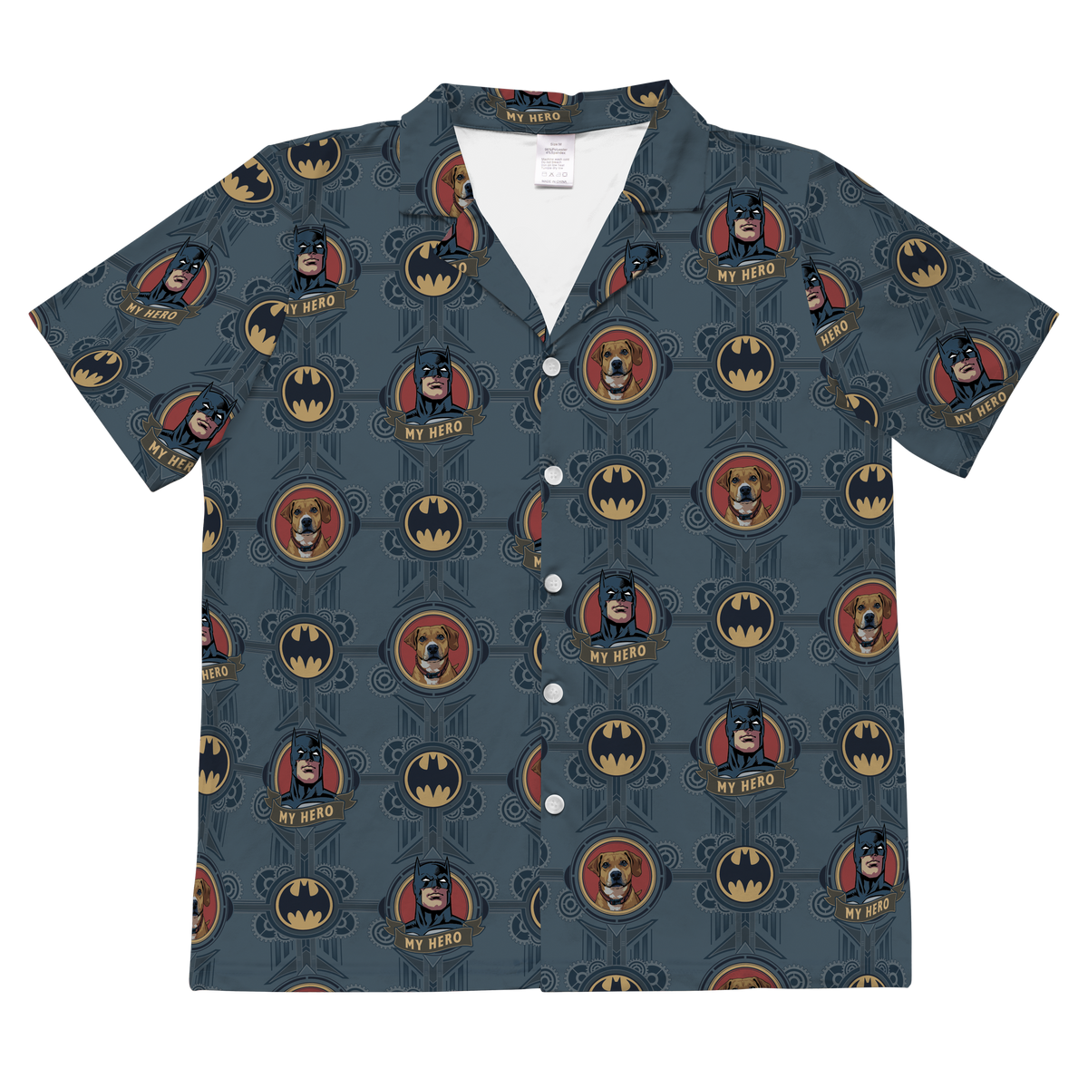 Button-up shirt with batman-themed design on a white background