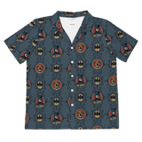Button-up shirt with batman-themed design on a white background
