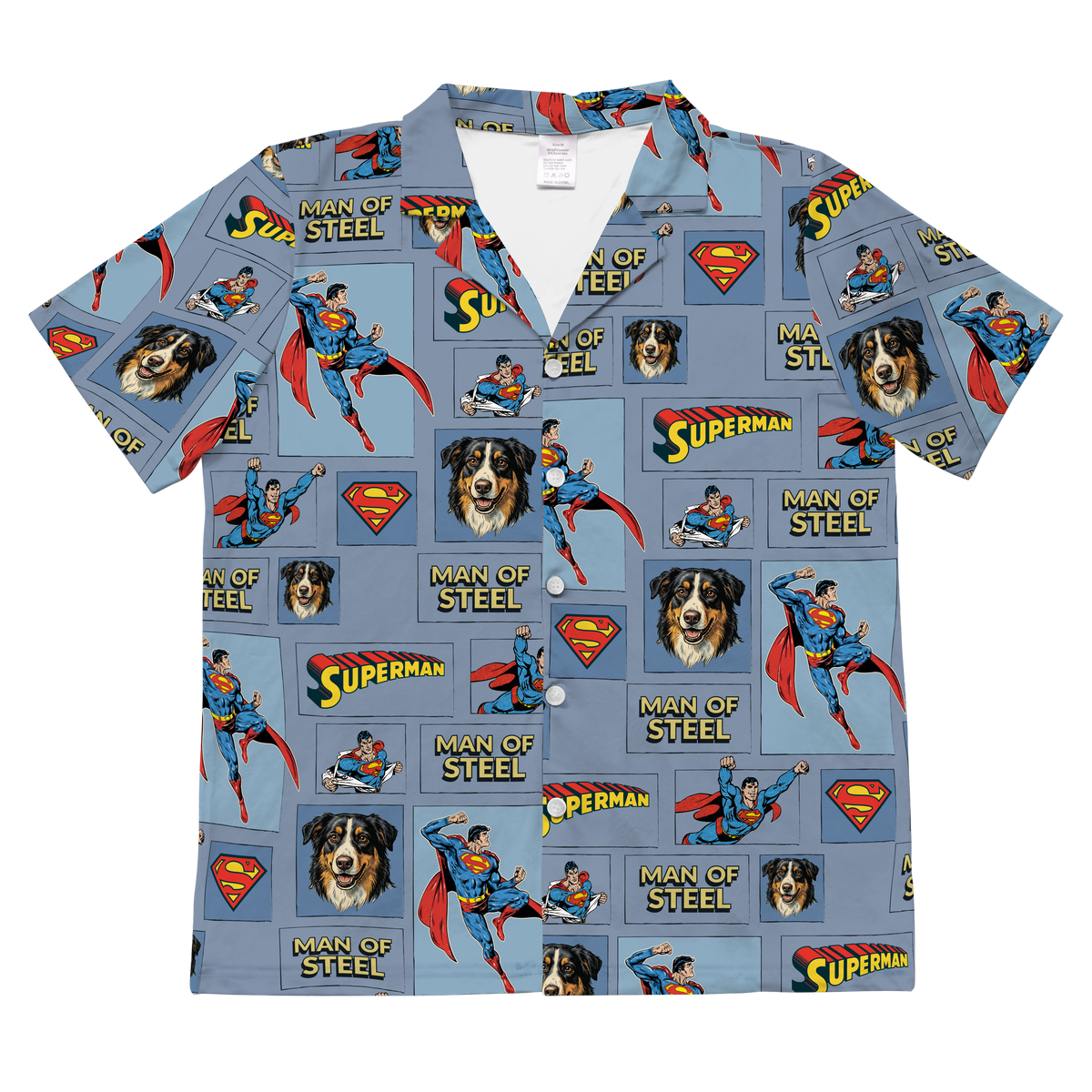 Superman-themed shirt with dog images on a blue background