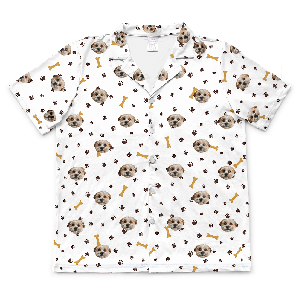 These are pajama shirt in a white color with repeating pet faces on them[ShortSleevePajamaShirt]