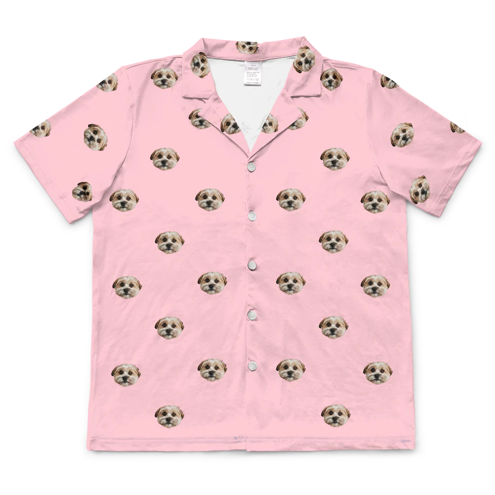 These are pajama shirt in a pink color with repeating pet faces on them[ShortSleevePajamaShirt($45.00)]
