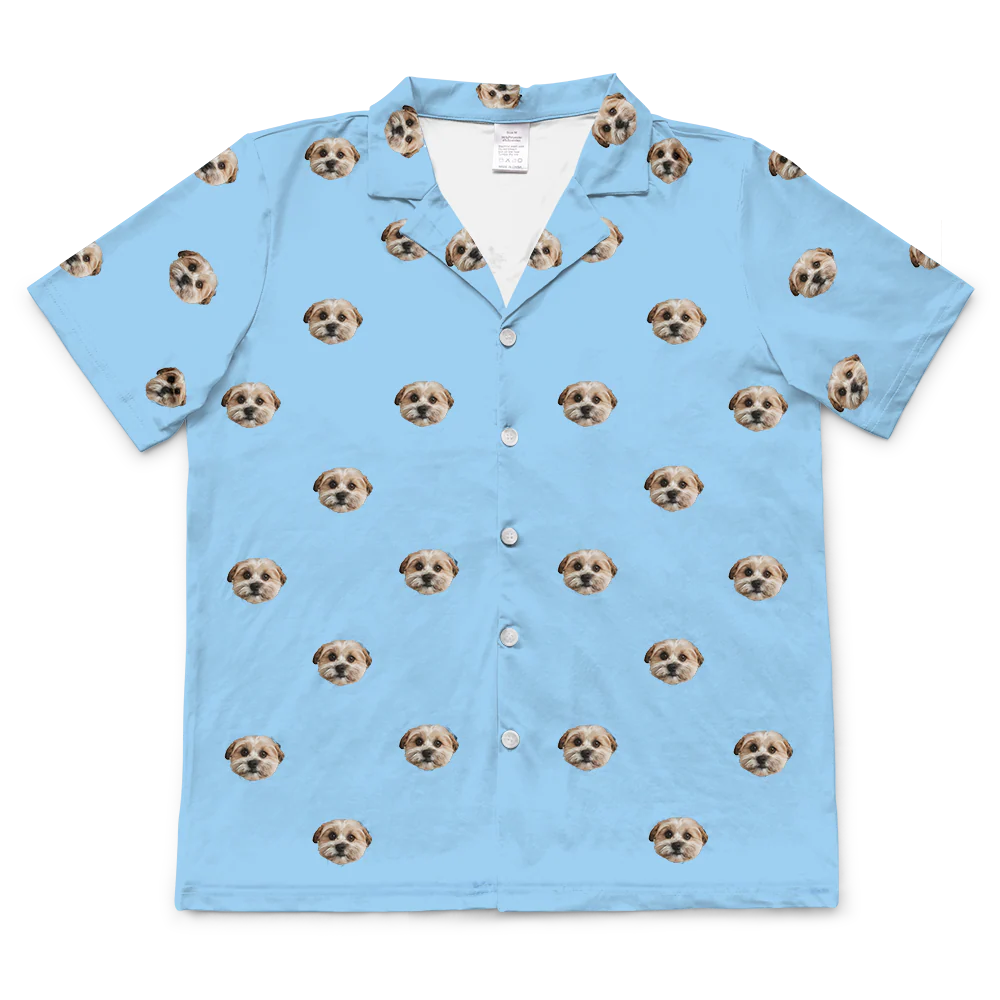 These are pajama shirt in a blue color with repeating pet faces on them[ShortSleevePajamaShirt]