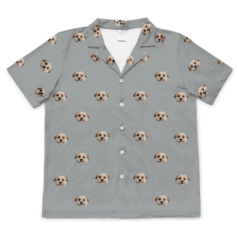 These are pajama shirt in a gray color with repeating pet faces on them[ShortSleevePajamaShirt]
