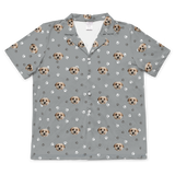 These are pajama shirt in a gray color with repeating pet faces on them[SlateGrayPawsShortSleevePajamaShirt]
