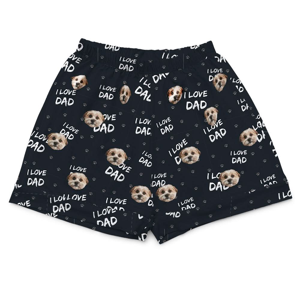 These are pajama shorts in a I Love Dad print with repeating pet faces on them[ILoveDadPajamaShorts]