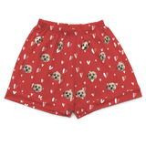 These are pajama shorts in a red color with repeating pet faces on them[BeminePajamaShorts($45.00)]