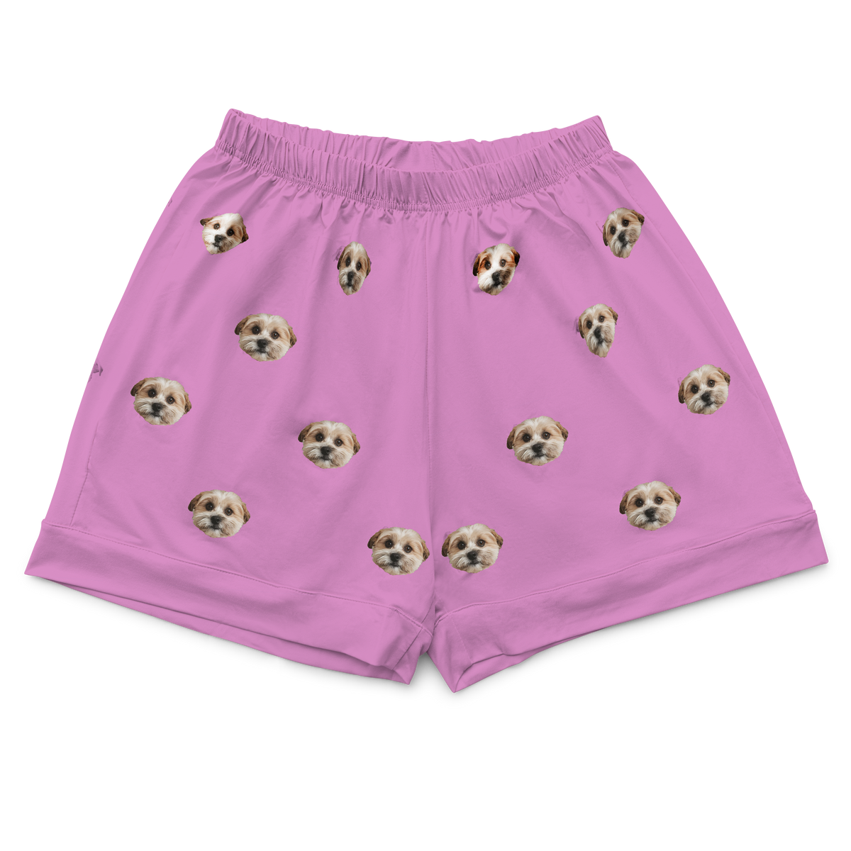 These are pajama shorts in a orchid color with repeating pet faces on them[OrchidPajamaShorts($45.00)]