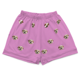 These are pajama shorts in a orchid color with repeating pet faces on them[OrchidPajamaShorts($45.00)]