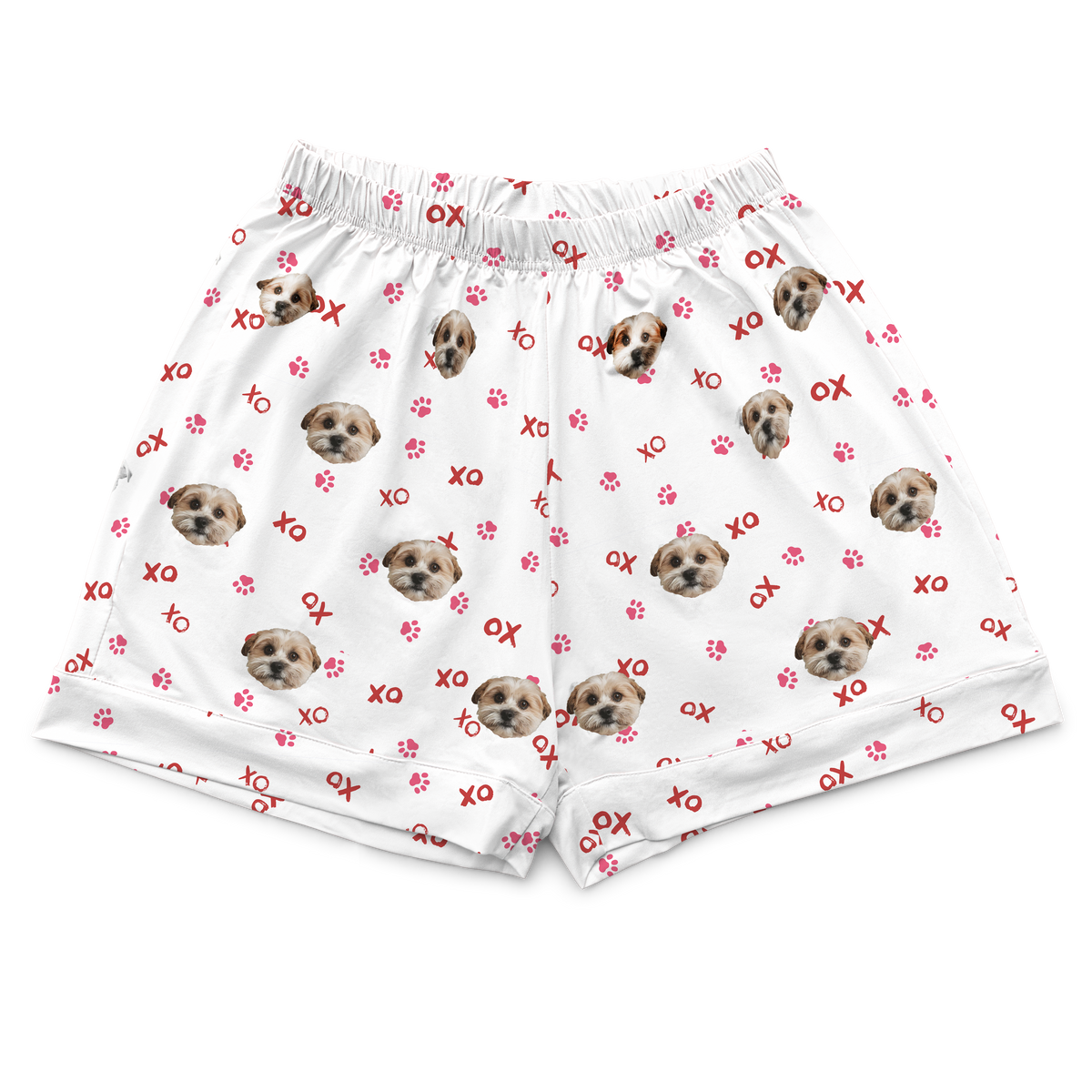 These are pajama shorts in a white color with repeating pet faces on them[PawfectlovePajamaShorts($45.00)]