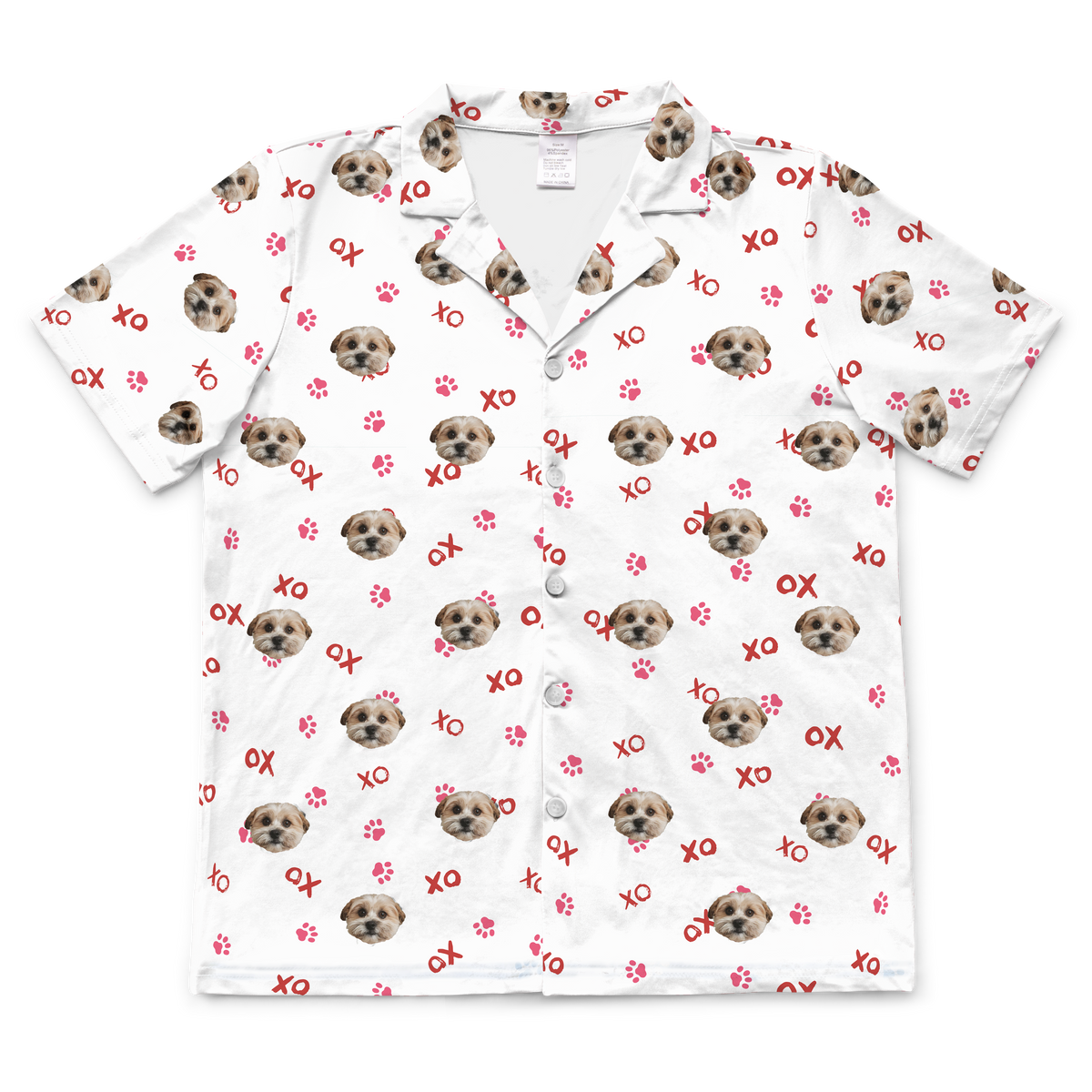 These are pajama shirt in a white color with repeating pet faces on them[PawfectloveShortSleevePajamaShirt($45.00)]