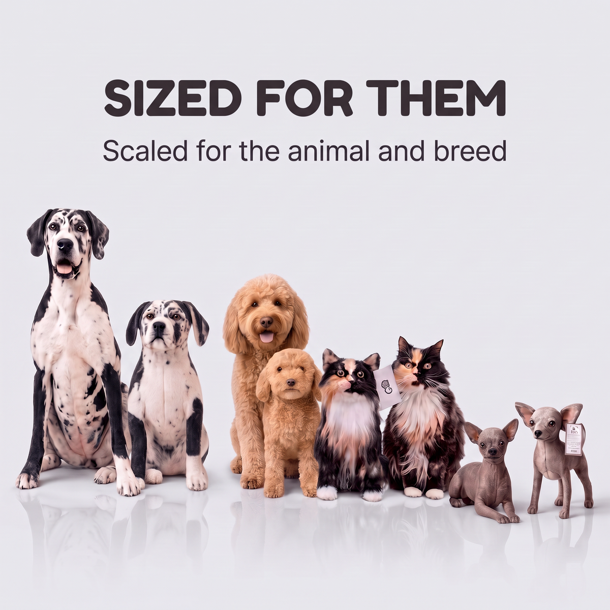 Row of custom dog and cat plush clones in different sizes, from a Great Dane to a Chihuahua, each scaled to the animal and breed