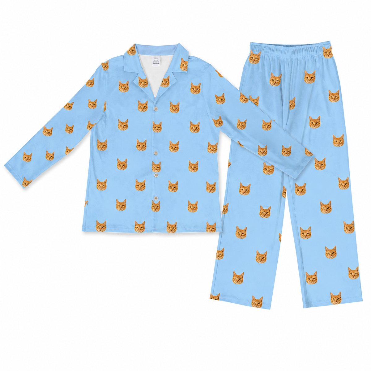 Sky blue pajama set with orange cat pattern on a white background
