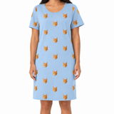 Sky blue nightgown with cat pattern worn by a person on a white background