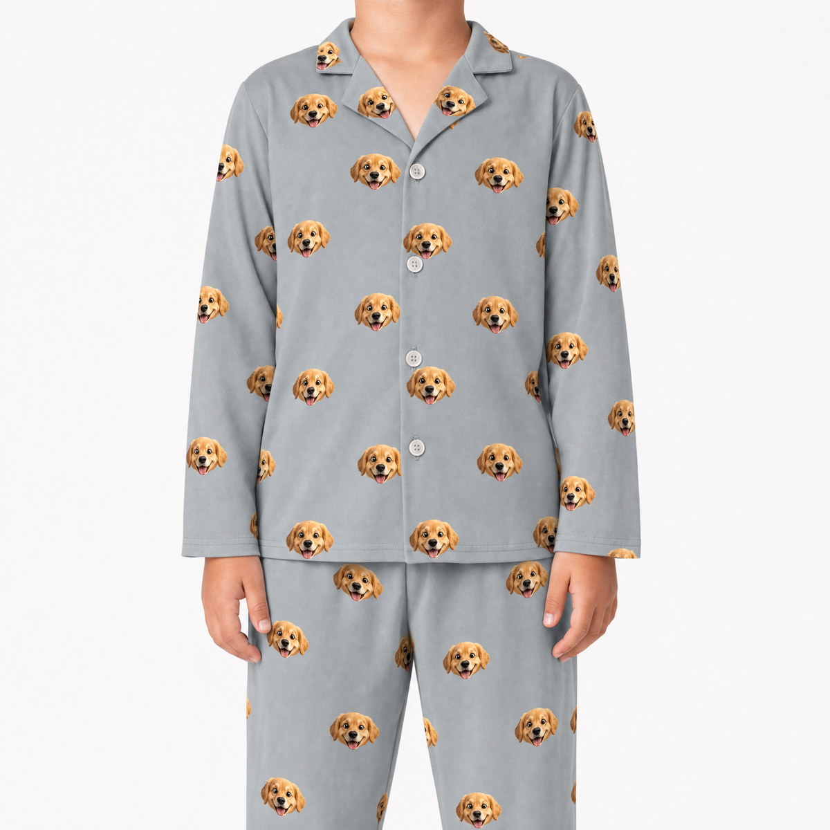 Gray pajama set with dog pattern on a white background