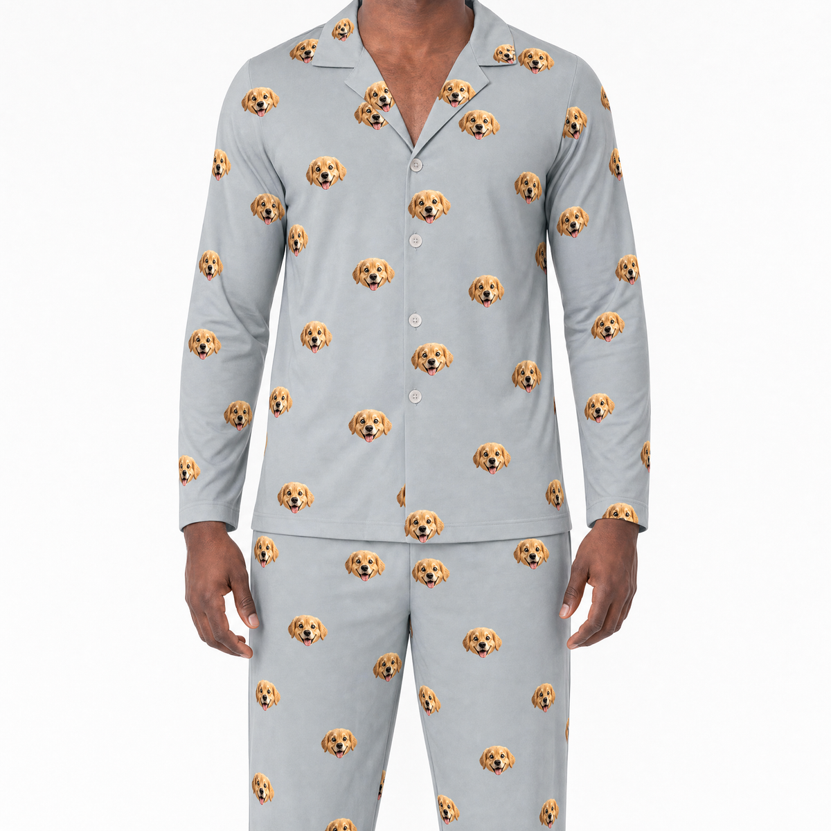 Gray pajama set with dog pattern on a white background
