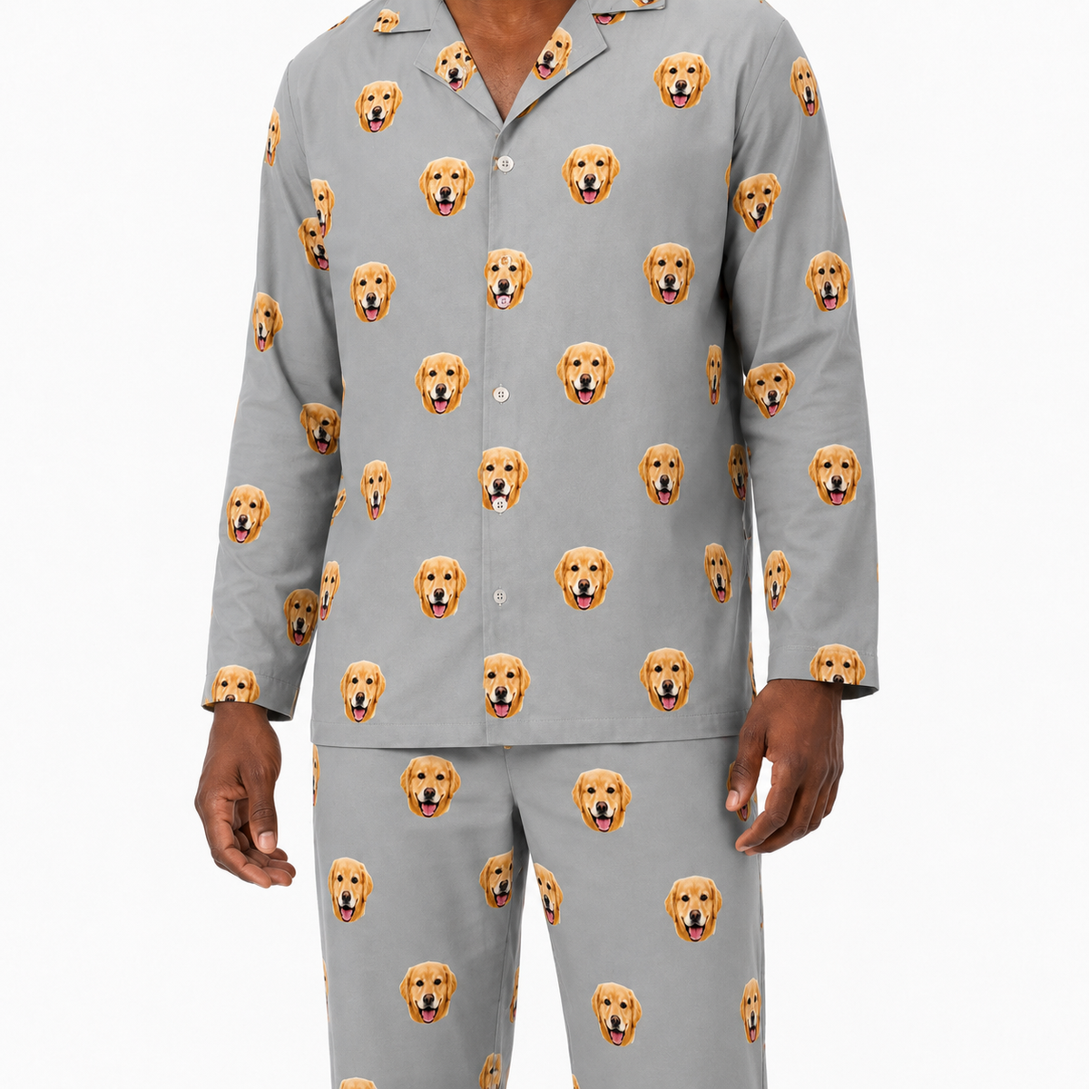 Gray pajama set with dog face pattern on a white background