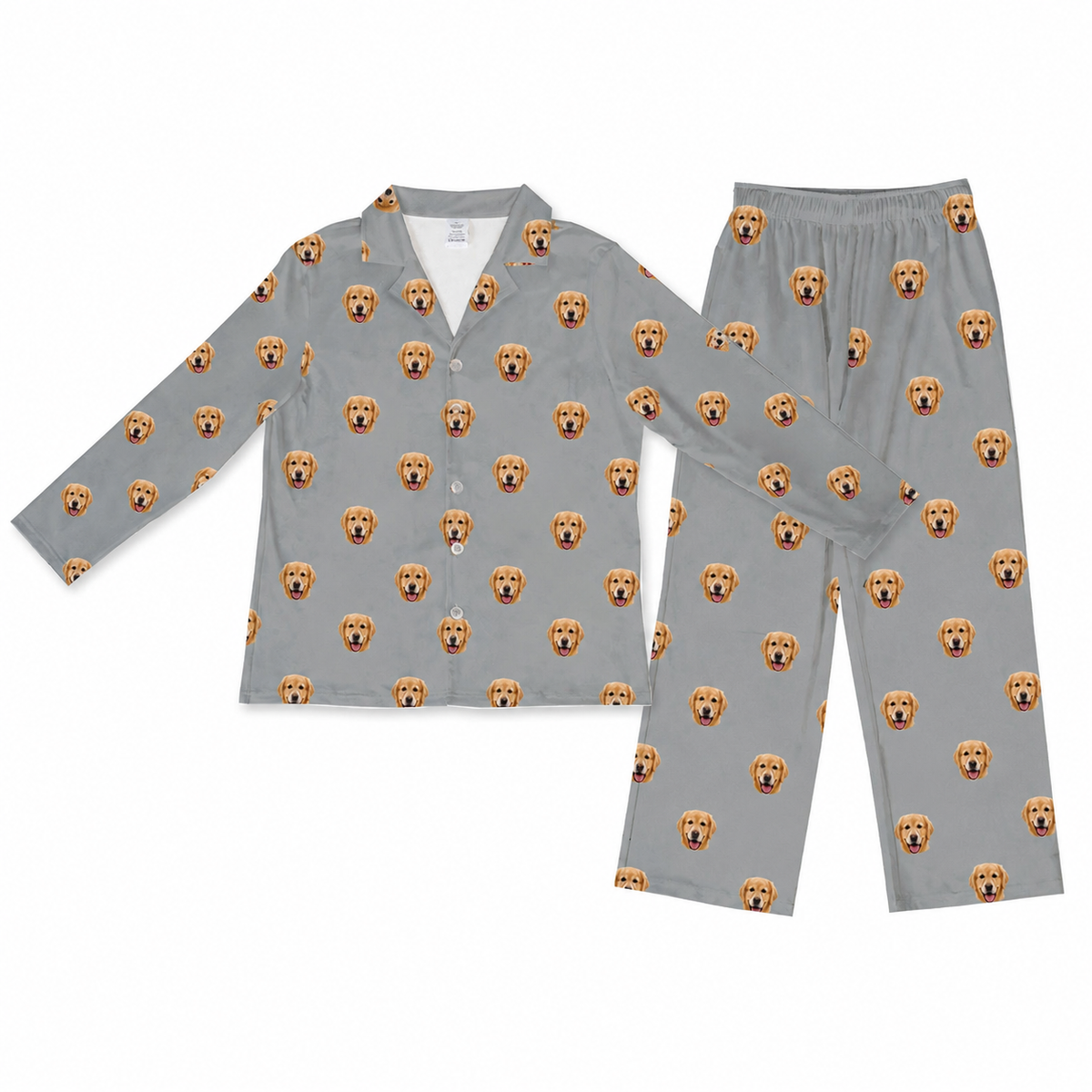Gray pajama set with dog face pattern on a white background