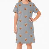Gray nightgown with dog pattern worn by a person on a white background