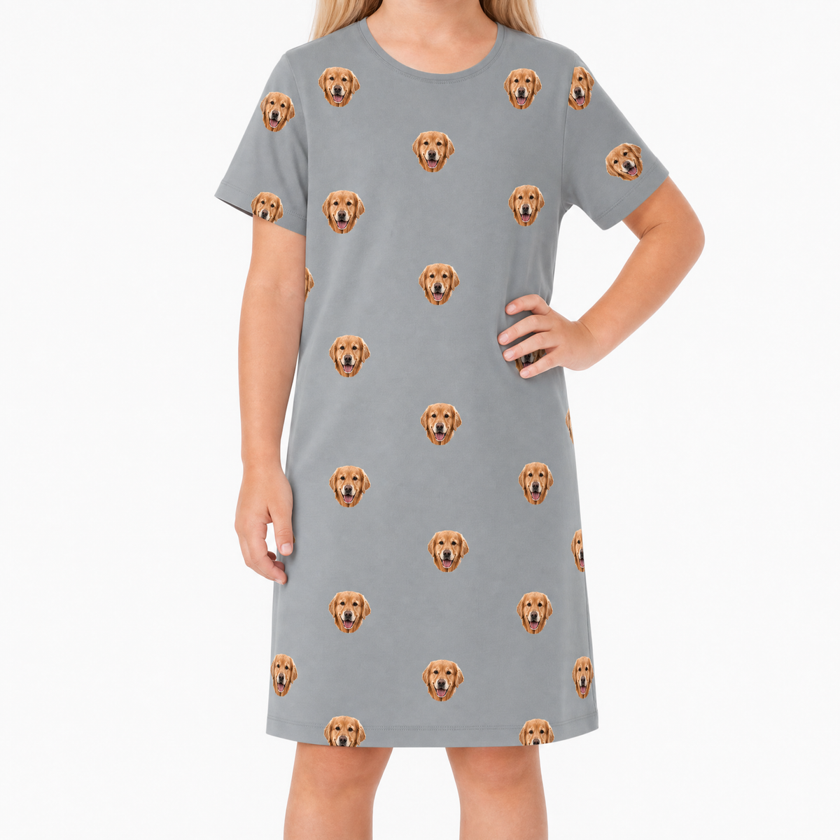 Gray nightgown with dog pattern worn by a person on a white background