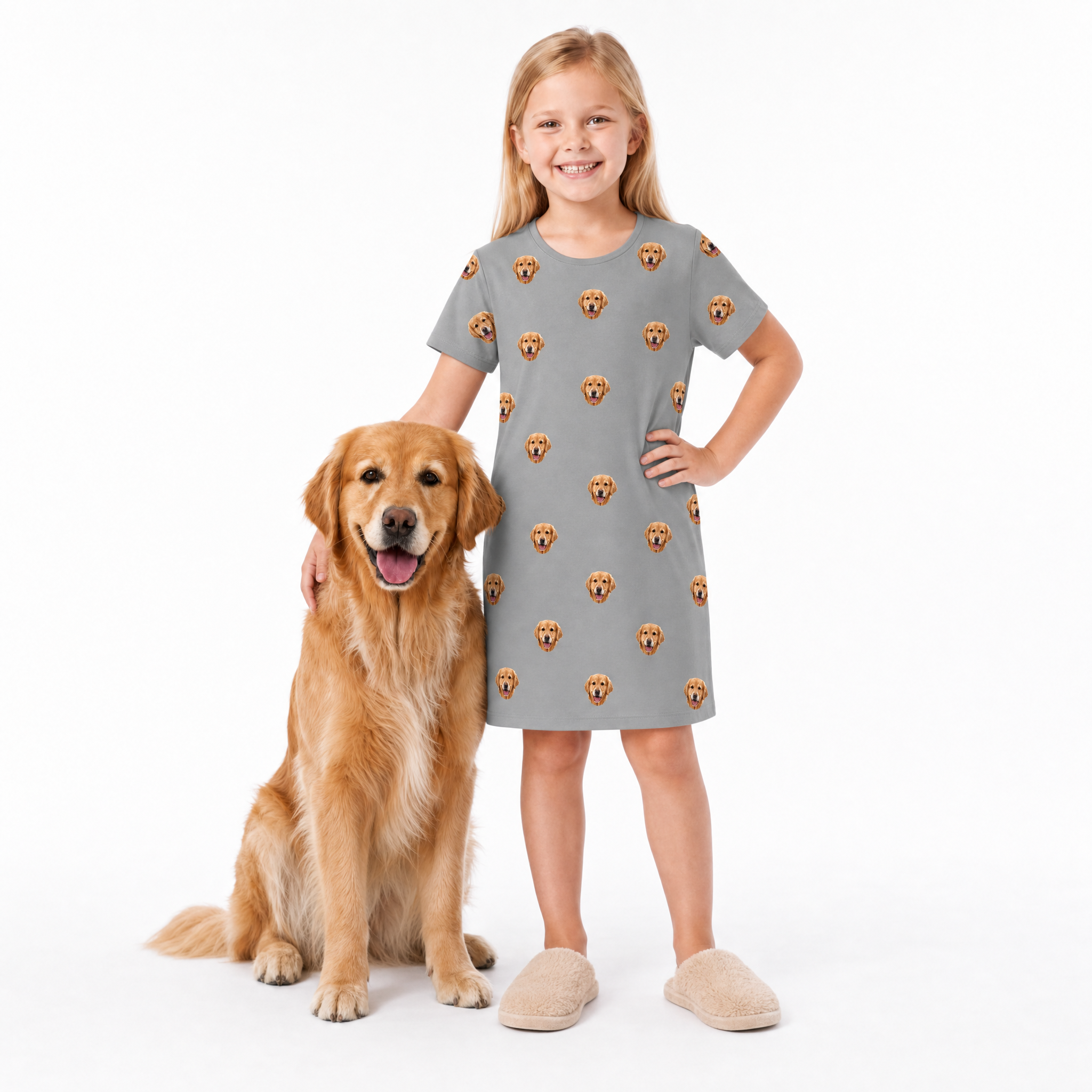 Girl wearing a gray nightgown with dog pattern standing next to a golden retriever on a white background