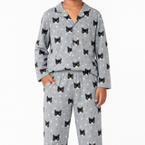 Gray pajama set with black cat pattern on a white background