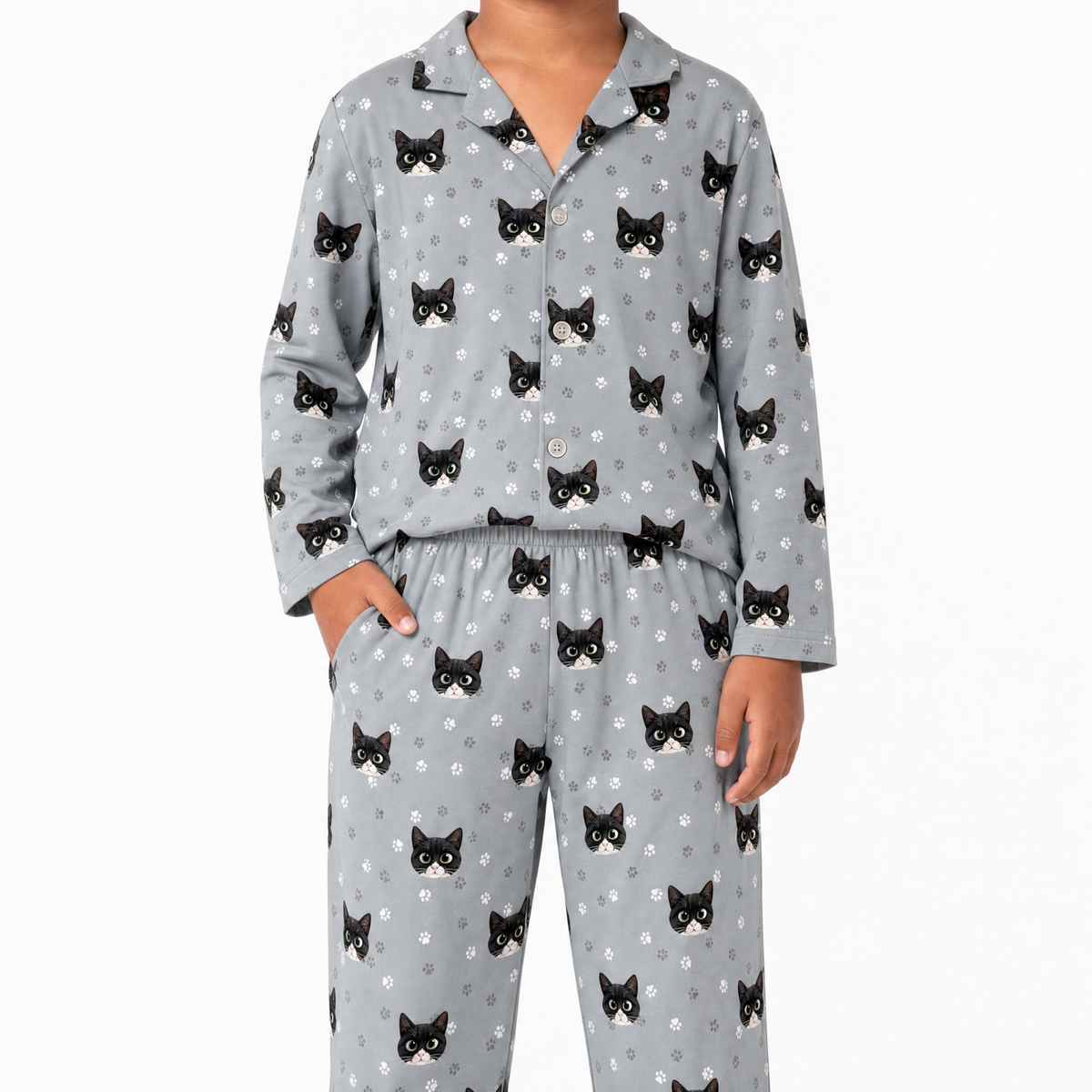 Gray pajama set with black cat pattern on a white background
