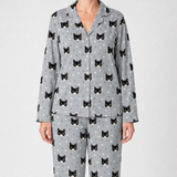 Gray pajama set with black cat pattern on a white background