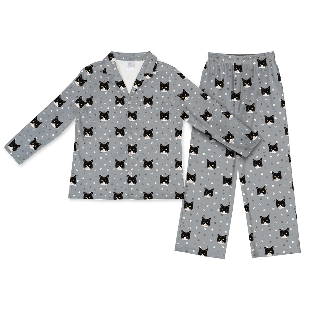 Gray pajama set with black cat pattern on a white background