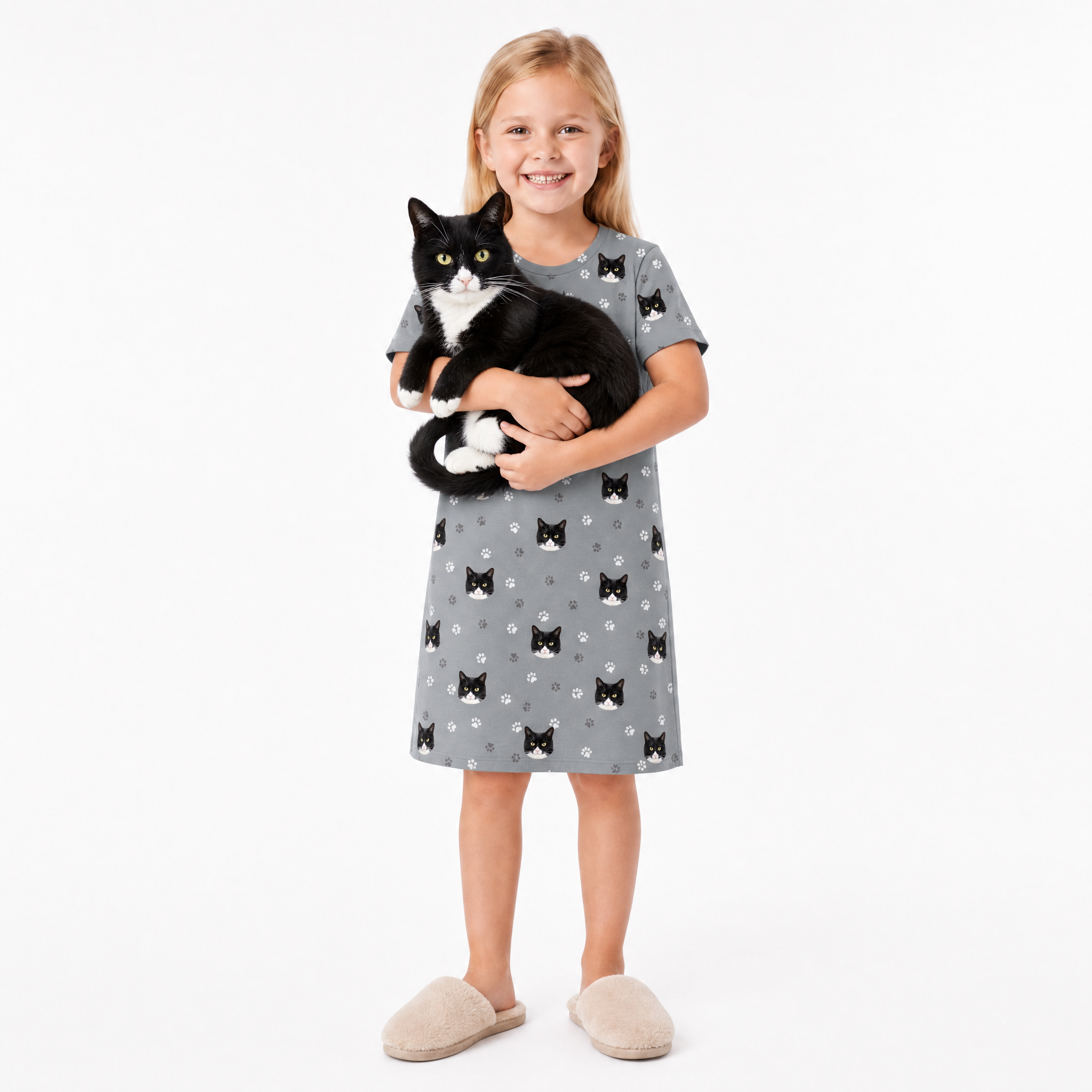 Young girl wearing a gray nightgown with black cat patterns, holding a black and white cat on a white background.