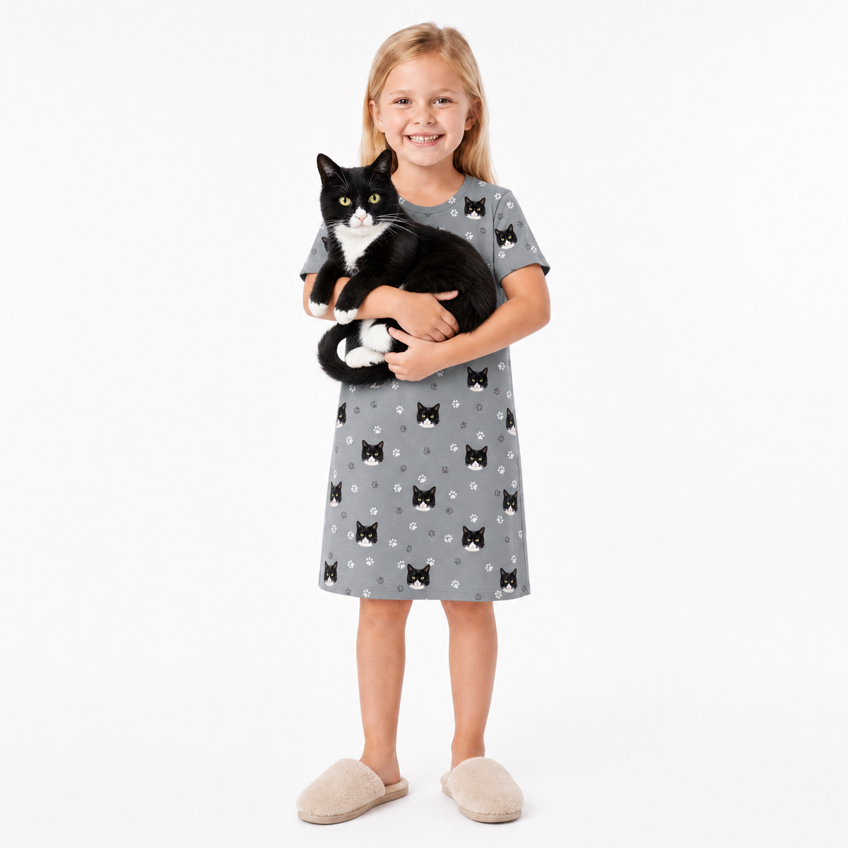 Young girl wearing a gray nightgown with black cat patterns, holding a black and white cat on a white background.