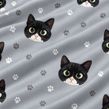 Close-up of the Slate Gray Paws print showing custom pet faces and white paw prints on a gray fabric