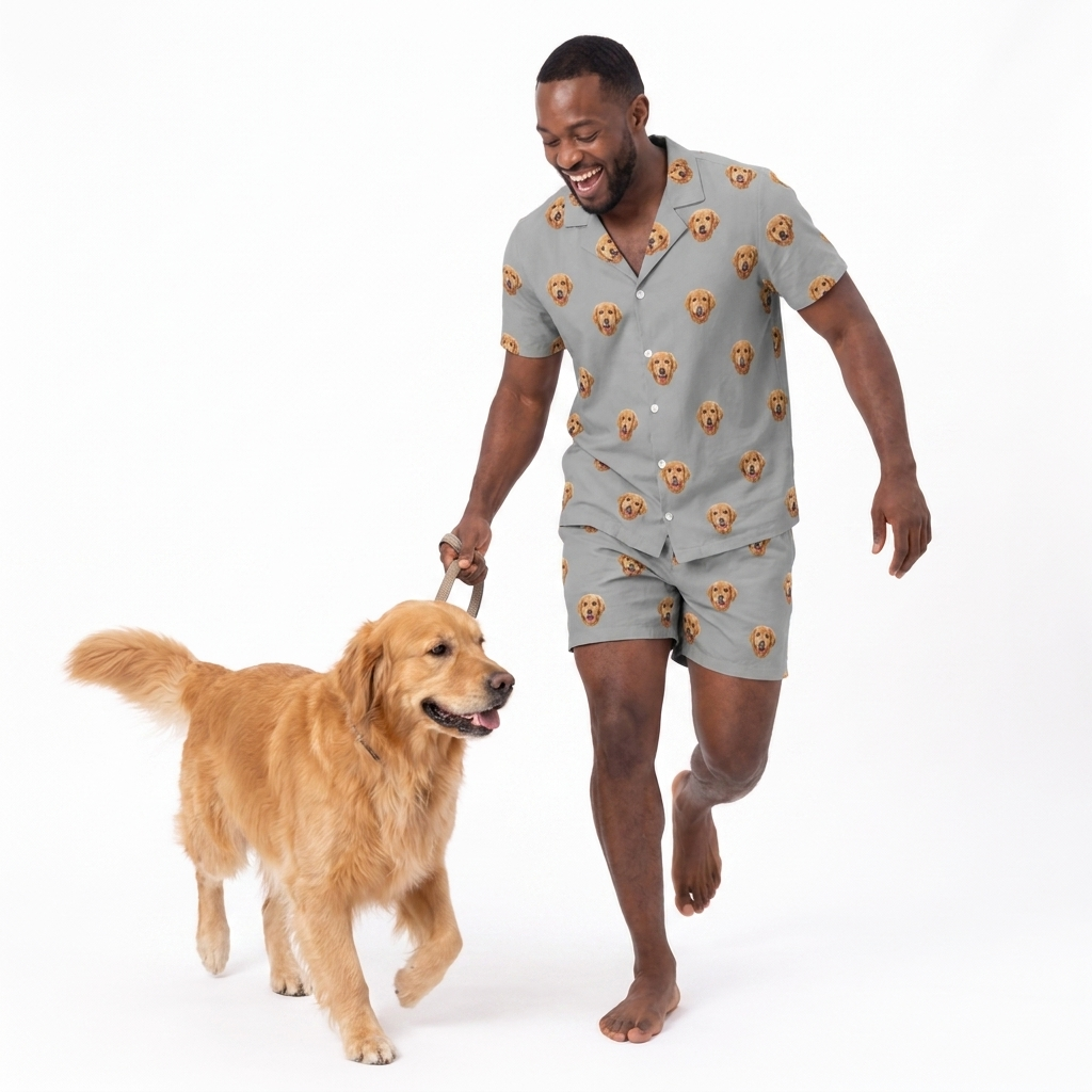 Man in a patterned pajama set walking a dog on a white background