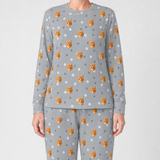 Gray jogger pajama set with cat pattern on a plain background