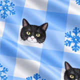 Close-up of the Snowy Gingham print showing custom pet faces and snowflakes on a light blue gingham fabric