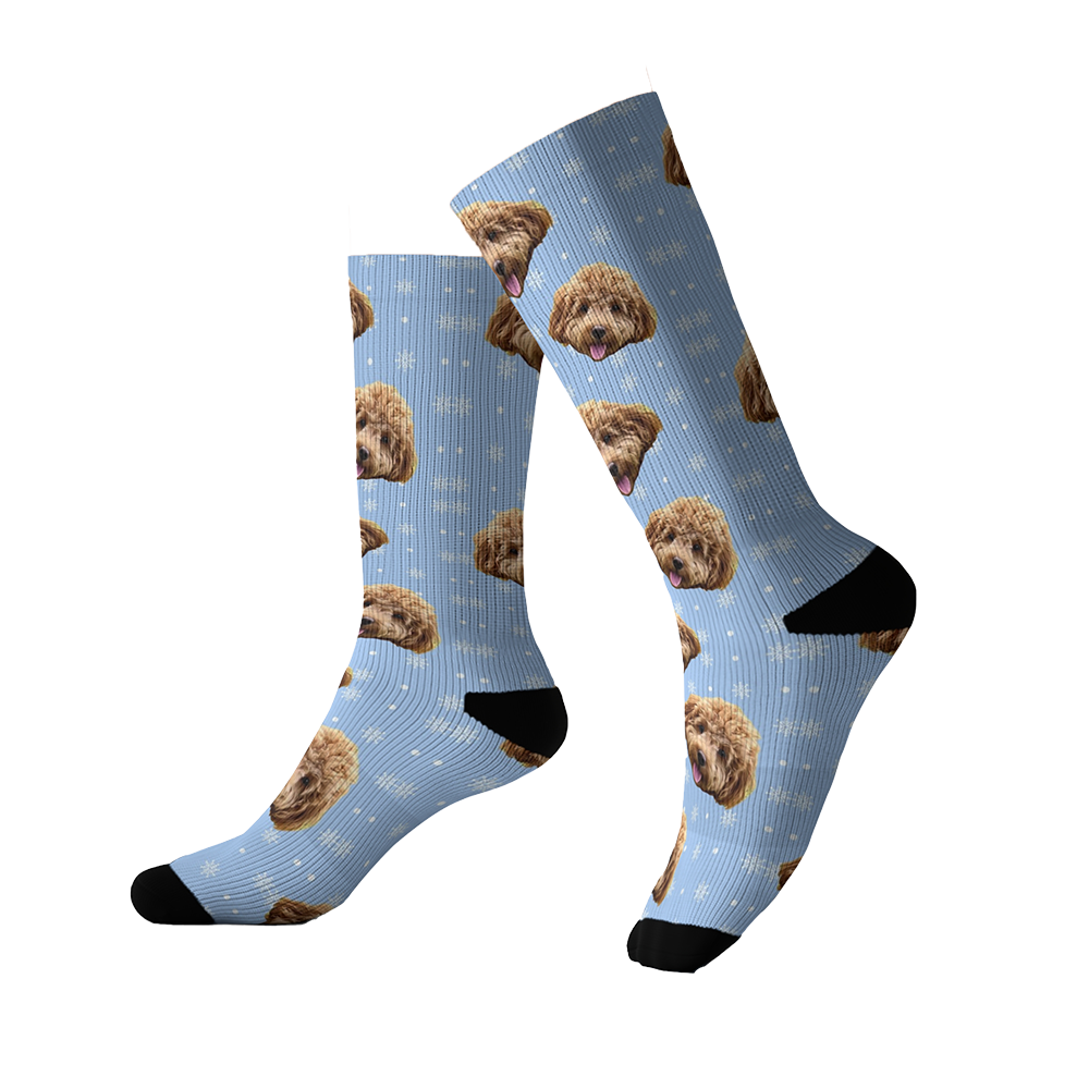 Light blue socks decorated with small white snowflakes and a repeating pattern of a fluffy brown dog’s face. The socks have black toes and heels.