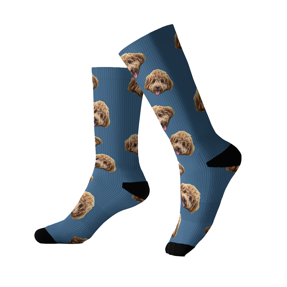 Blue socks featuring a repeating pattern of a fluffy brown dog’s face. The socks have black toes and heels.
