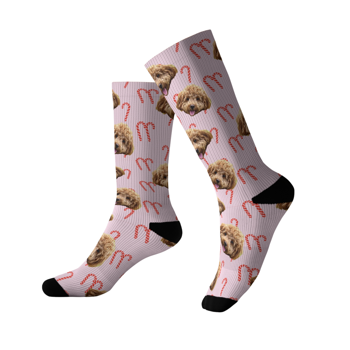 Knee-high socks with dog pattern and candy cane design on a white background