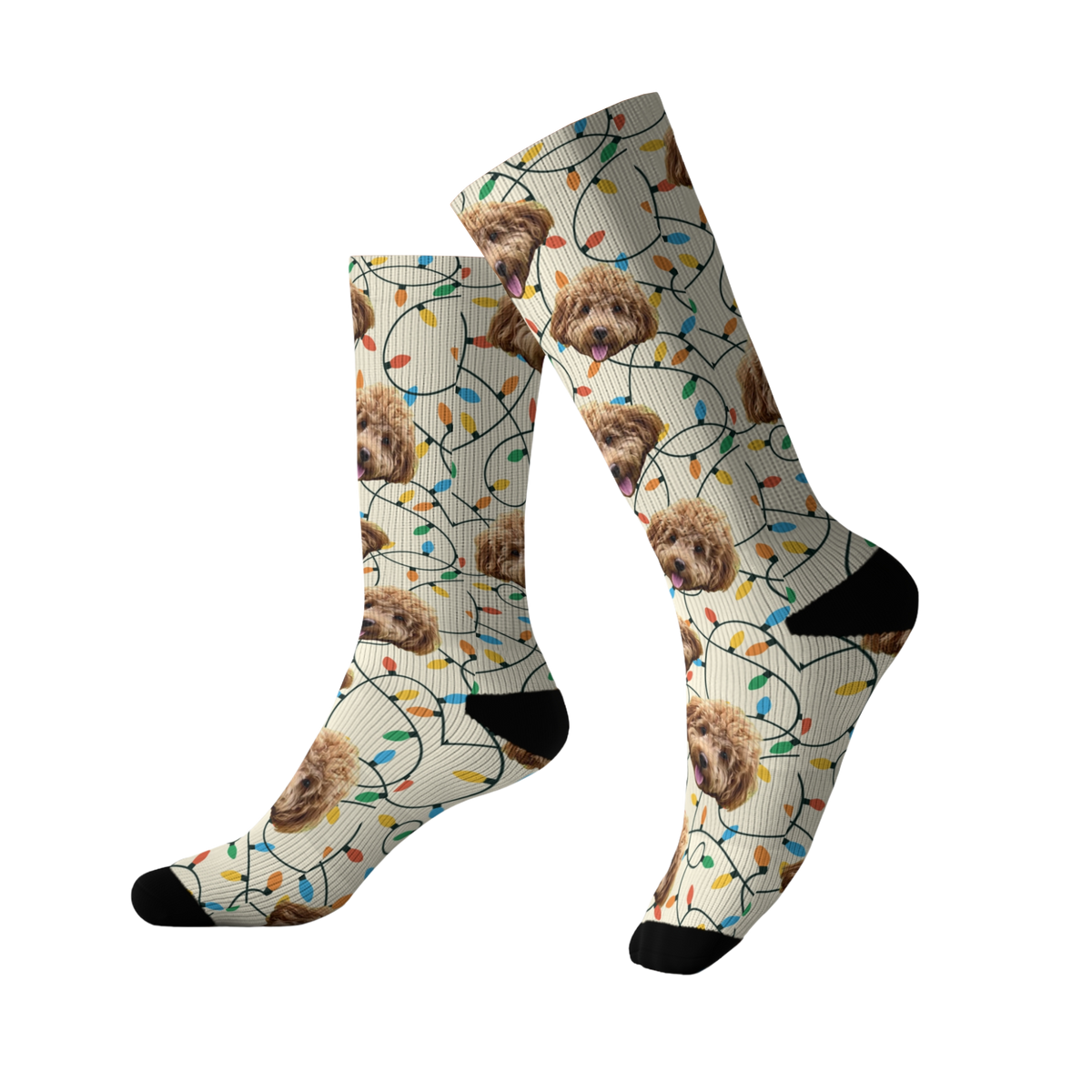 Knee-high socks with a dog pattern and Christmas lights on a white background